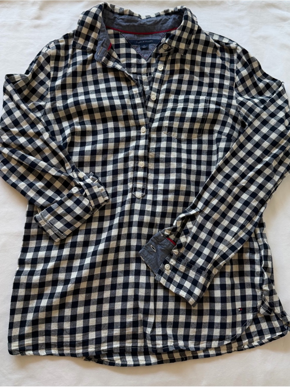Tommy Hilfiger Navy Blue and White Gingham Button Up Shirt Women’s Size Medium